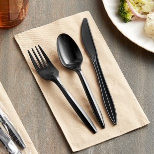 Choice Medium Weight Black Wrapped Polypropylene Plastic Cutlery Set with Knife, Fork, and Spoon - 500/Case