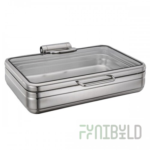 Bon Chef 22000 Magnifico 9.5 Qt. Rectangular Stainless Steel Hinged Top Full Size Induction Chafer with Glass Lid