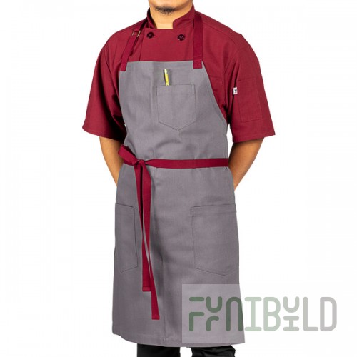Uncommon Chef 3104 Slate Gray Customizable Poly-Cotton Rebel Bib Apron with Burgundy Webbing and 3 Pockets - 34