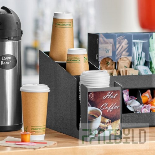 ServSense Black 3-Section Countertop Cup / Lid Organizer with Coffee Decals - 4 11/16