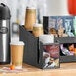 ServSense Black 3-Section Countertop Cup / Lid Organizer with Coffee Decals - 4 11/16