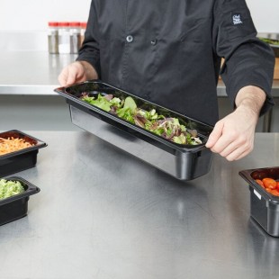 Cambro 24LPCW110 Camwear® 1/2 Size Long Black Polycarbonate Food Pan - 4 Cambro 24LPCW110 Camwear® 1/2 Size Long Black Polycarbonate Food Pan - 4