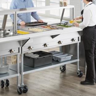 ServIt Four Pan Open Well Electric Steam Table with Angled Sneeze Guard, Fixed Tray Slide, and Casters - 120V, 2000W ServIt Four Pan Open Well Electric Steam Table with Angled Sneeze Guard, Fixed Tray Slide, and Casters - 120V, 2000W