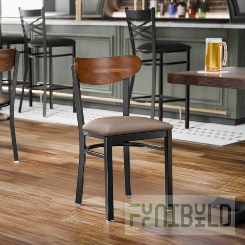 Lancaster Table & Seating Boomerang Black Finish Chair with Taupe Vinyl Seat and Vintage Wood Back