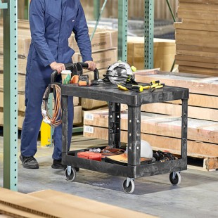 Rubbermaid® FG452500BLA Black Medium Flat Two Shelf Utility Cart with Ergonomic Handle