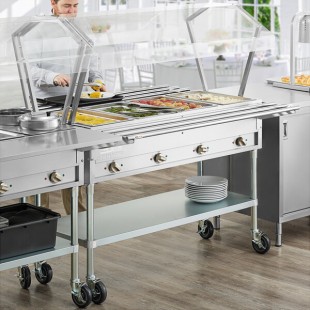 ServIt Four Pan Open Well Electric Steam Table with 2-Sided Sneeze Guard, (2) Tubular Tray Slides, and Casters - 208/240V, 3000W