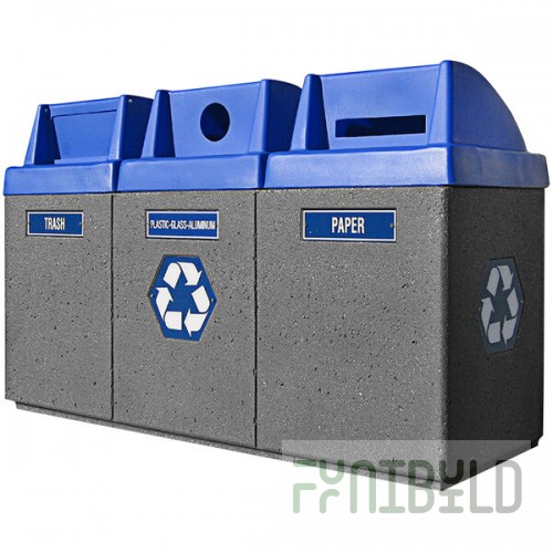 Wausau Tile TF1222 3-Stream 132 Gallon Concrete Recycling Station with Plastic Push-Door Tops