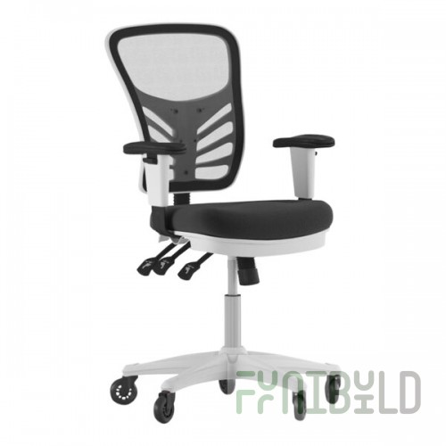 Flash Furniture Nicholas Black Mesh Mid-Back Swivel Ergonomic Office Chair with White Base, Adjustable Arms, and Roller Wheels