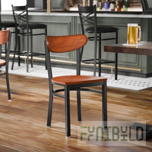 Lancaster Table & Seating Boomerang Black Finish Chair with Antique Walnut Wood Seat and Back - Unassembled