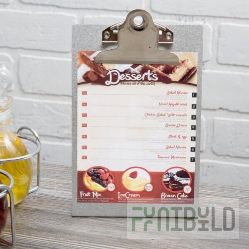 Menu Solutions MTCL-46 Alumitique Aluminum Menu Tent with Clip - Brushed Finish - 4