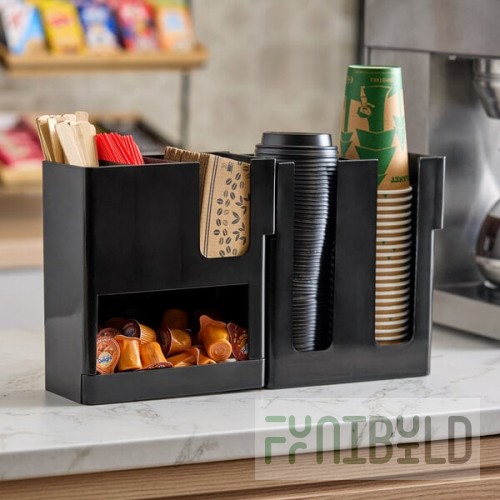 Choice Black 6-Section Countertop Cup, Lid and Napkin Organizer