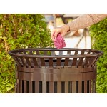 Lancaster Table & Seating 45 Gallon Heavy-Duty Round Brown Steel Slatted Outdoor Trash Can with Flat Lid and Door Lancaster Table & Seating 45 Gallon Heavy-Duty Round Brown Steel Slatted Outdoor Trash Can with Flat Lid and Door