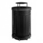 Lancaster Table & Seating 36 Gallon Heavy-Duty Round Black Expanded Steel Outdoor Trash Can with Rain Bonnet Lid