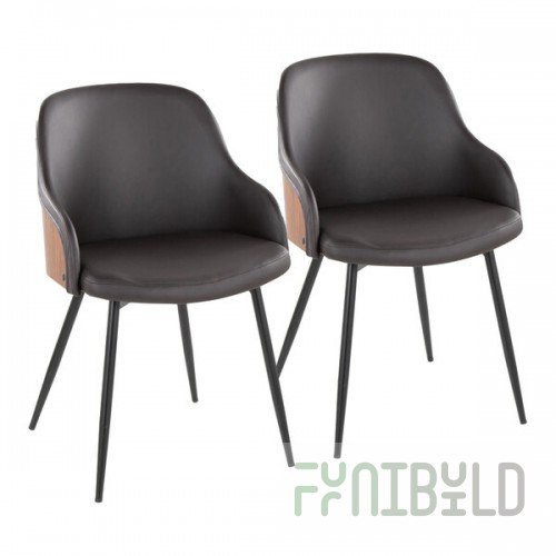 LumiSource Bacci Walnut Wood and Brown Faux Leather Arm Chair with Black Metal Legs - 2/Case