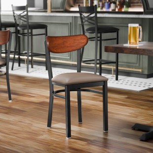Lancaster Table & Seating Boomerang Black Finish Chair with Taupe Vinyl Seat and Antique Walnut Wood Back - Unassembled Lancaster Table & Seating Boomerang Black Finish Chair with Taupe Vinyl Seat and Antique Walnut Wood Back - Unassembled
