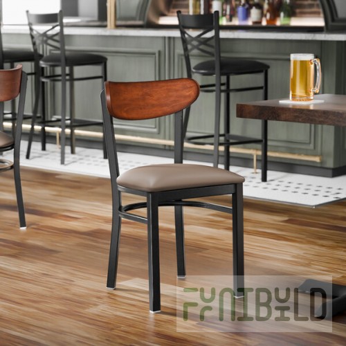 Lancaster Table & Seating Boomerang Black Finish Chair with Taupe Vinyl Seat and Antique Walnut Wood Back - Unassembled