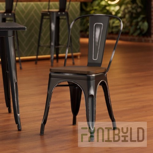 Lancaster Table & Seating Alloy Distressed Onyx Black Indoor Cafe Chair with Walnut Wood Seat