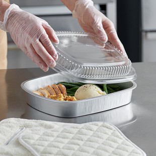 Choice Heavy Duty Smoothwall Silver Large Oblong Foil Entree / Take-Out Pan with Dome Lid 65.6 oz. - 10/Pack