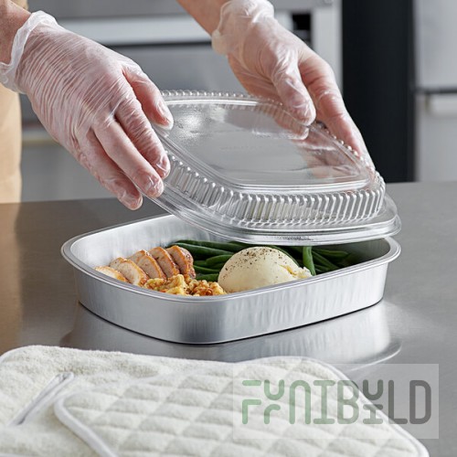 Choice Heavy Duty Smoothwall Silver Large Oblong Foil Entree / Take-Out Pan with Dome Lid 65.6 oz. - 10/Pack