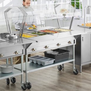 ServIt Four Pan Open Well Electric Steam Table with 2-Sided Sneeze Guard, (2) Fixed Tray Slides, and Casters - 120V, 2000W
