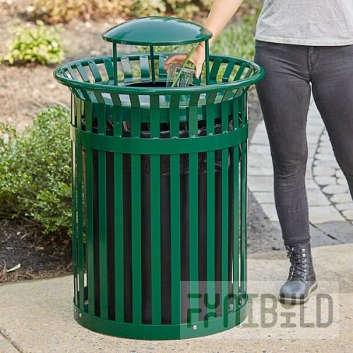 Lancaster Table & Seating 36 Gallon Heavy-Duty Round Green Steel Slatted Outdoor Trash Can with Rain Bonnet Lid