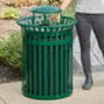 Lancaster Table & Seating 36 Gallon Heavy-Duty Round Green Steel Slatted Outdoor Trash Can with Rain Bonnet Lid