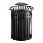 Lancaster Table & Seating 36 Gallon Heavy-Duty Round Green Steel Slatted Outdoor Trash Can with Rain Bonnet Lid