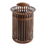 Lancaster Table & Seating 36 Gallon Heavy-Duty Round Green Steel Slatted Outdoor Trash Can with Rain Bonnet Lid