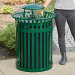 Lancaster Table & Seating 36 Gallon Heavy-Duty Round Green Steel Slatted Outdoor Trash Can with Rain Bonnet Lid