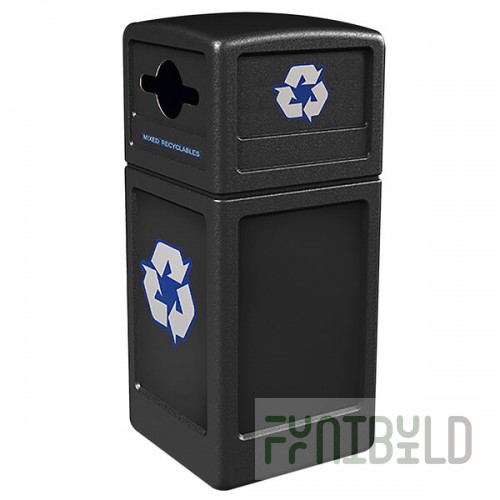 Commercial Zone 747301 Polytec 42 Gallon Black Square Recycling Container and Black Dome Lid with Mixed Recycling Slot