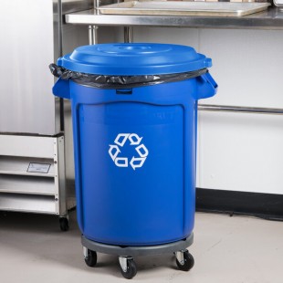 Rubbermaid® BRUTE 32 Gallon Blue Round Recycling Can with Dolly and Recycling Lid with Hole
