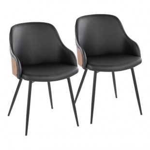 LumiSource Bacci Walnut Wood and Black Faux Leather Arm Chair with Black Metal Legs - 2/Case
