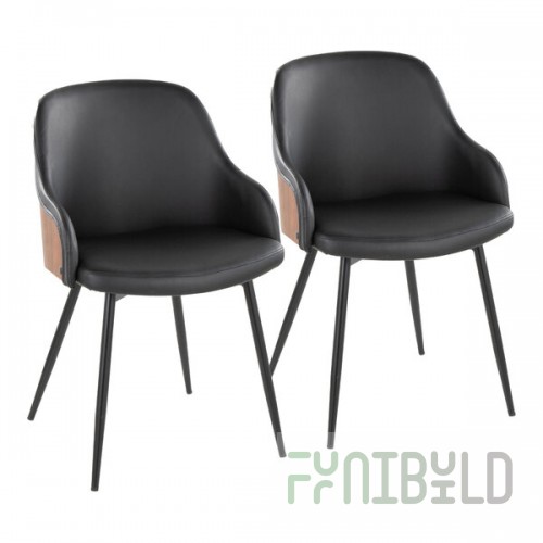 LumiSource Bacci Walnut Wood and Black Faux Leather Arm Chair with Black Metal Legs - 2/Case