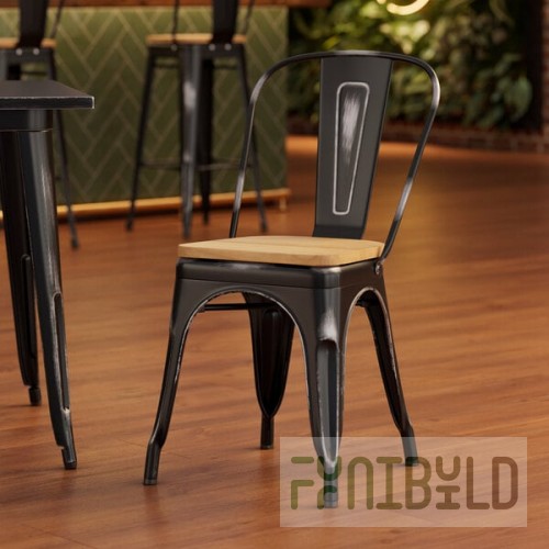Lancaster Table & Seating Alloy Distressed Onyx Black Indoor Cafe Chair with Natural Wood Seat