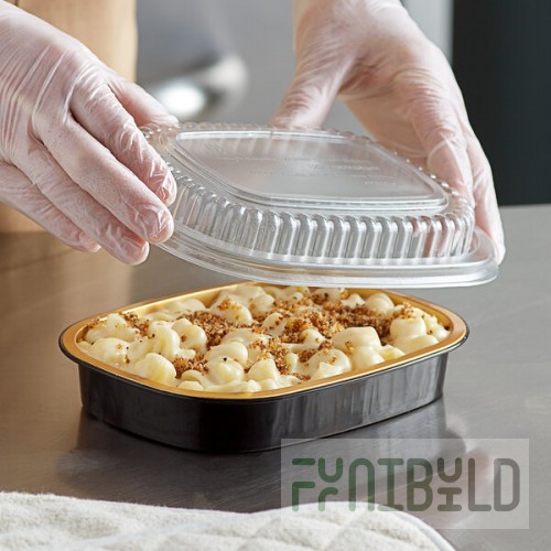 Choice Heavy Duty Smoothwall Black and Gold Small Oblong Foil Take-Out Pan with Dome Lid 23.3 oz. - 25/Pack