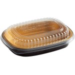Choice Heavy Duty Smoothwall Black and Gold Small Oblong Foil Take-Out Pan with Dome Lid 23.3 oz. - 25/Pack Choice Heavy Duty Smoothwall Black and Gold Small Oblong Foil Take-Out Pan with Dome Lid 23.3 oz. - 25/Pack