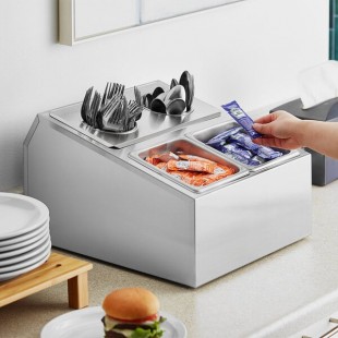 ServSense Stainless Steel Hotel Pan Organizer Set with (2) 1/6 Size Pans and (2) Flatware Cylinders