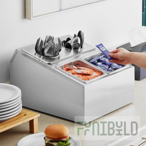 ServSense Stainless Steel Hotel Pan Organizer Set with (2) 1/6 Size Pans and (2) Flatware Cylinders