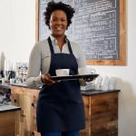 Choice Navy Blue Poly-Cotton Front of House Bib Apron with 3 Pockets - 25 Choice Navy Blue Poly-Cotton Front of House Bib Apron with 3 Pockets - 25