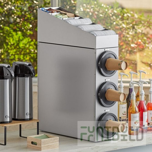 KleanTake by ServSense Stainless Steel Countertop 8-44 oz. Cup Dispenser Cabinet with Lid / Straw / Condiment Organizer - 3 Slots