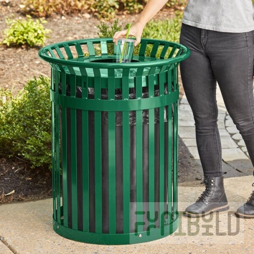 Lancaster Table & Seating 36 Gallon Heavy-Duty Round Green Steel Slatted Outdoor Trash Can with Flat Lid