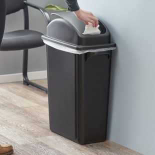 Lavex 16 Gallon Black Slim Rectangular Trash Can with Dome Swing Lid Lavex 16 Gallon Black Slim Rectangular Trash Can with Dome Swing Lid
