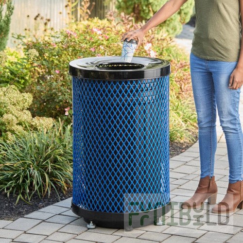 Lancaster Table & Seating 36 Gallon Heavy-Duty Round Blue Expanded Steel Outdoor Trash Can with Flat Lid
