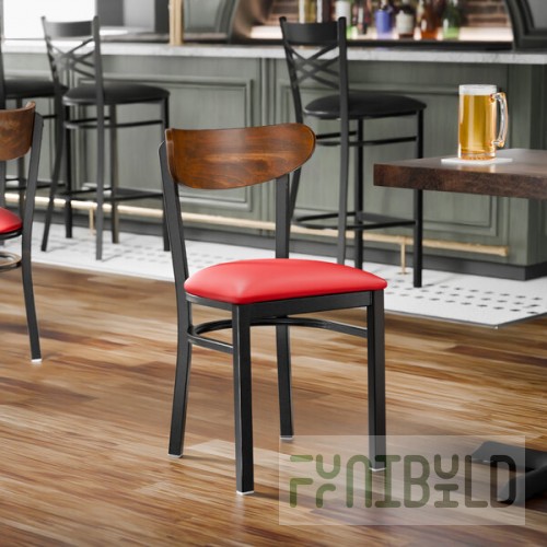 Lancaster Table & Seating Boomerang Black Finish Chair with Red Vinyl Seat and Vintage Wood Back