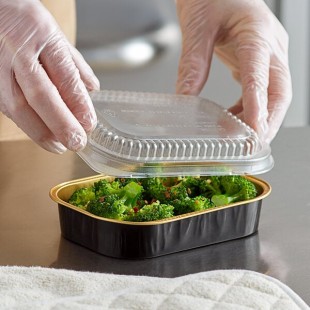 Choice Heavy Duty Smoothwall Black and Gold Mini Oblong Foil Take-Out Pan with Dome Lid 16 oz. - 25/Pack