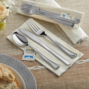 Visions Classic Individually Wrapped Extra Heavy Weight Silver Polystyrene Plastic Cutlery Set with Napkin and Salt and Pepper Packets - 100/Case Visions Classic Individually Wrapped Extra Heavy Weight Silver Polystyrene Plastic Cutlery Set with Napkin and Salt and Pepper Packets - 100/Case