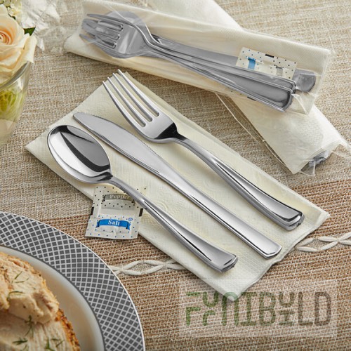 Visions Classic Individually Wrapped Extra Heavy Weight Silver Polystyrene Plastic Cutlery Set with Napkin and Salt and Pepper Packets - 100/Case