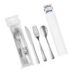 Visions Classic Individually Wrapped Extra Heavy Weight Silver Polystyrene Plastic Cutlery Set with Napkin and Salt and Pepper Packets - 100/Case