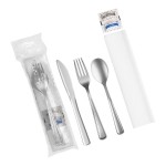 Visions Classic Individually Wrapped Extra Heavy Weight Silver Polystyrene Plastic Cutlery Set with Napkin and Salt and Pepper Packets - 100/Case