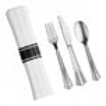 Visions Classic Individually Wrapped Extra Heavy Weight Silver Polystyrene Plastic Cutlery Set with Napkin and Salt and Pepper Packets - 100/Case